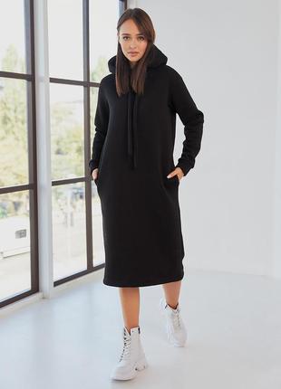 Платье - худи теплое из турецкой ткани на флисе хлопковое, с капюшоном, однотонное черное