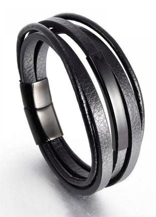 Мужской кожаный браслет плетеный, черный с металлическим вставками2 фото