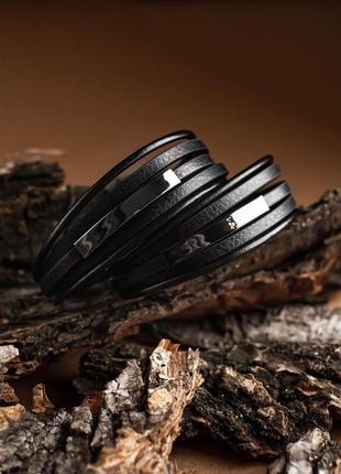 Мужской кожаный браслет плетеный, черный с металлическим вставками8 фото