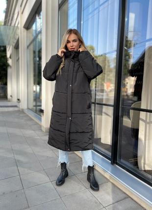Подовжена зимова куртка оверсайз з капюшоном на зиму, жіноча довга куртка на силіконі 250