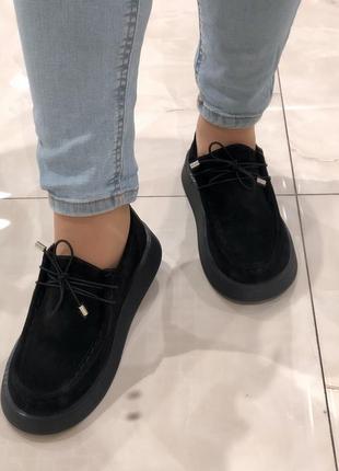 Женские замшевые туфли на низком ходу черные мокасины со шнуровкой 28449 mario muzi 29387 фото