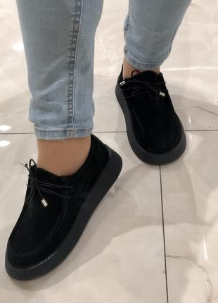 Женские замшевые туфли на низком ходу черные мокасины со шнуровкой 28449 mario muzi 29385 фото