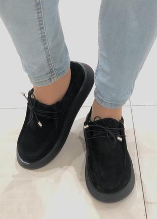 Женские замшевые туфли на низком ходу черные мокасины со шнуровкой 28449 mario muzi 29382 фото