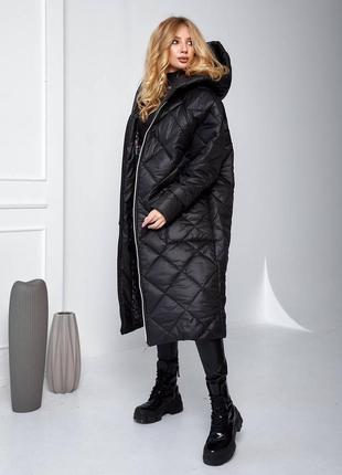 Зимнее пальто теплое стеганое с капюшоном чёрное  длинное на молнии лакомых свободное с подкладкой курточка парка пуховик батал большого размера4 фото