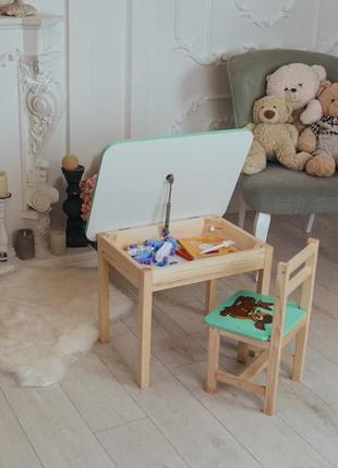 Стол и стул детский мятный. для учебы, рисования, игры. стол с ящиком и стульчик.7 фото