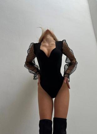 Женский черный нарядный боди с длинными рукавами9 фото