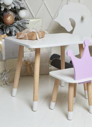 Дитячий білий прямокутний стіл і стільчик фіолетова корона. столик для ігор, уроків, їжі. білий столик9 фото