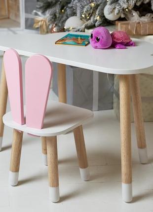 Білий столик хмарка і стільчик зайчик дитячий рожевий, білий дитячий столик7 фото