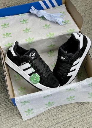 Зимові чоловічі кросівки adidas campus black white fur хутро