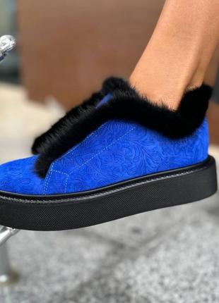 Екслюзивні черевики високі лофери з натуральної італійської шкіри та замші жіночі з норкою сині електрик