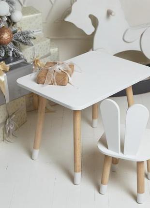 Белый прямоугольный столик и стульчик детский белоснежный зайчик. белый детский столик8 фото
