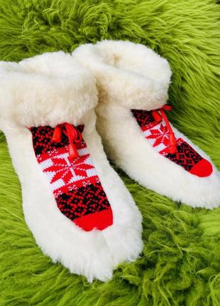 Чуні з овечої шерсті, cніжинка кольорові  червоні, гумова підошва