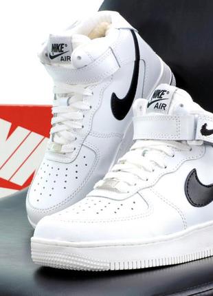 Зимні шкіряні чоловічі та жіночі кросівки nike air force high white с мехом (36-45)4 фото