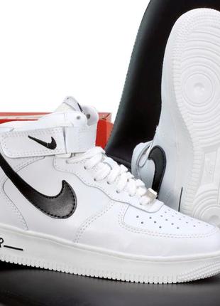 Зимні шкіряні чоловічі та жіночі кросівки nike air force high white с мехом (36-45)3 фото