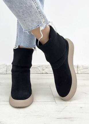 Замшевые ботинки женские кеды хайтопы с довязом демисезонные черные на бежевой подошве размеры 33-41 baby3 фото
