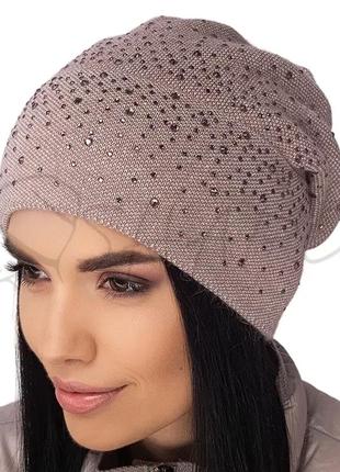 Шапка женская ангоровая с отворотом украшенная стразами шапочка сцепленная сзади leks вернисаж темная