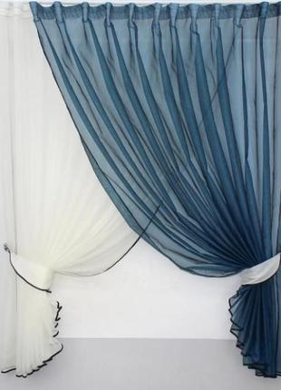 Шторки на кухню, балкон (330х170см) з підв'язками. колір молочний з синім