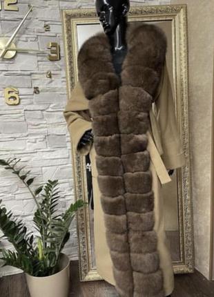 Пальто з натуральним мехом песца зимнее пальто длинное пальто бежевое пальто