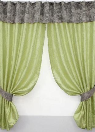 Елегантний комплект штор на кухню (270х170см) з ламбрекеном. колір салатовий з кавово-сірим