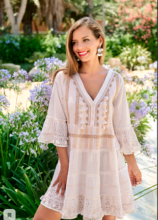 Стиль бохо роскошная платье-туника, цвета шампань с кисточками  и золотом 2306