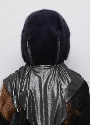 Женский норковый платок "паук" синий ирис с серебристой тканью