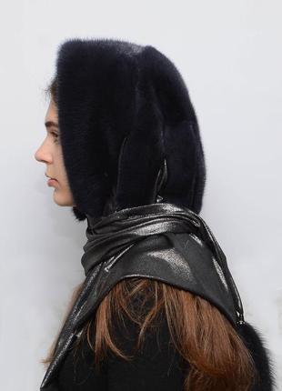 Женский норковый платок "паук" синий ирис с серебристой тканью