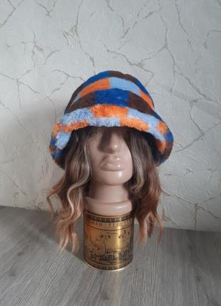 Шапка шляпа флис,меховая с рисунком голубой/коричневый/оранжевый ,56-57-582 фото