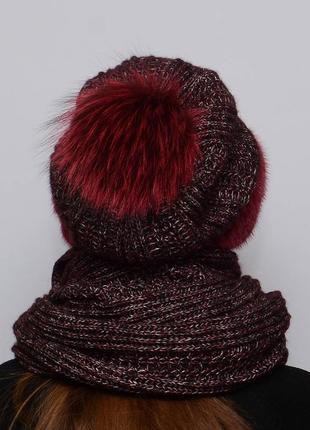 Жіночий в'язаний комплект шарф з шапкою снуд марсал3 фото