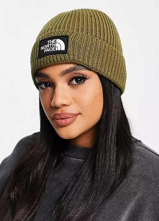 The north face logo box cuffed beanie military olive nf0a3fjx37u шапка оригінал унісекс