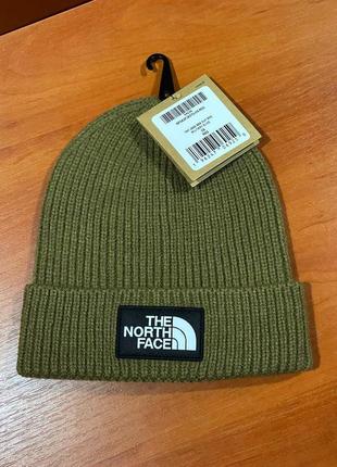 The north face logo box cuffed beanie military olive nf0a3fjx37u шапка оригінал унісекс9 фото