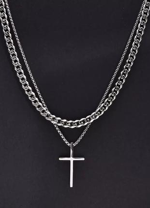 Комплект серебристых украшений, цепочка и кулон крест8 фото