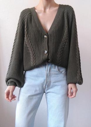Бавовняний кардиган хакі светр з гудзиками бавовна джемпер пуловер реглан лонгслів кофта з гудзиками коттон светр
