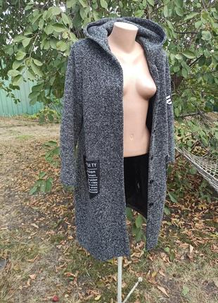 Плотная вязка, подклад, трикотаж, пальто с капюшоном4 фото