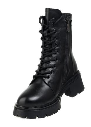 Ботинки зимние женские кожаные черные на каблуке шнуровках и молнии 1610ц8 фото