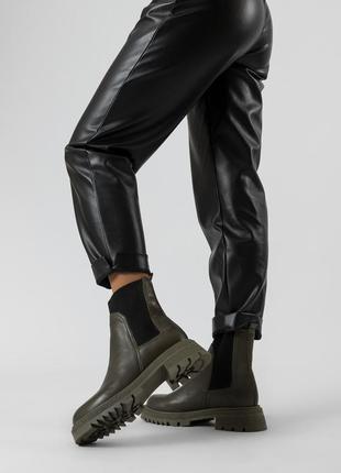 Ботинки женские кожаные цвета хаки на резинку 454бz-а1 фото