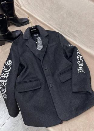 Теплый жакет пальто в стиле chrome hearts черный беж4 фото