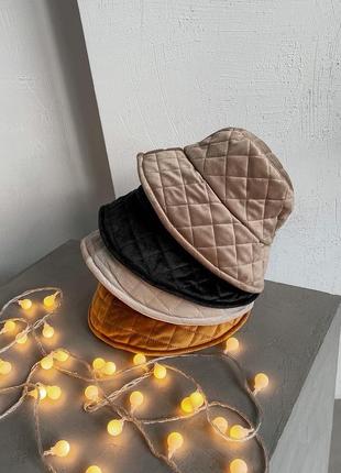 Стьобана панамка з прострочками жіноча панама шляпа зимняя осенняя тёплая бежева велюрова бежева оксамитова велюр замша4 фото