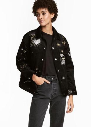 H&m corduroy jacket, вельветова вишита утеплена куртка, джинсовка