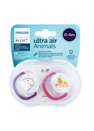 Пустушка philips avent ultra air 6-18 міс 2 шт "animal", 0-6 міс. для дівчаток 2 шт. (scf080/06)