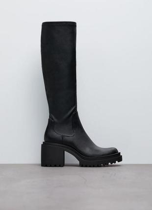 Zara сапоги ботфорты чулки чёрные кожаные на каблуке2 фото