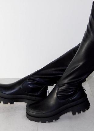 Сапоги ботфорты чулки женские кожаные демисезон чёрные1 фото