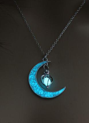 Кулон светящийся луна бирюзовая на цепочке