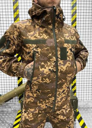 Тактический костюм софтшел осень пиксель военная форма осенняя водонепроницаемая с множеством карманов9 фото