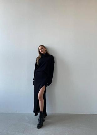 Костюм из ангоры оверсайз свитер снуд свободного кроя юбка миди карандаш с разрезом теплый комплект стильный базовый черный серый4 фото