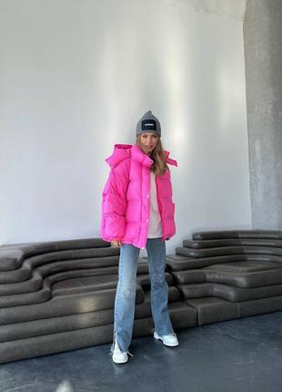Объемный теплый пуфер  ⁇  пуховик розовый6 фото