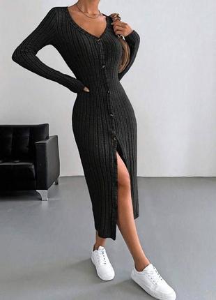 Платье миди однонтонное на длинный рукав на пуговицах качественная стильная трендовая черная2 фото