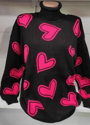 Свитер свитер удлиненный кофта объемный оверсайз вязаный джемпер стильный тренд базовый зара zara с принтом сердечки с воротничком стойкой5 фото