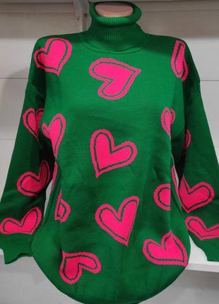 Свитер свитер удлиненный кофта объемный оверсайз вязаный джемпер стильный тренд базовый зара zara с принтом сердечки с воротничком стойкой7 фото