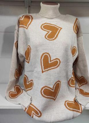 Свитер свитер удлиненный кофта объемный оверсайз вязаный джемпер стильный тренд базовый зара zara с принтом сердечки с воротничком стойкой6 фото