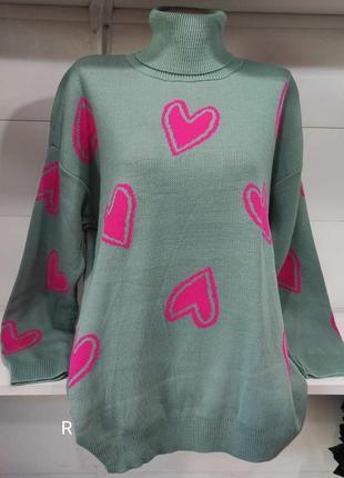 Свитер свитер удлиненный кофта объемный оверсайз вязаный джемпер стильный тренд базовый зара zara с принтом сердечки с воротничком стойкой2 фото